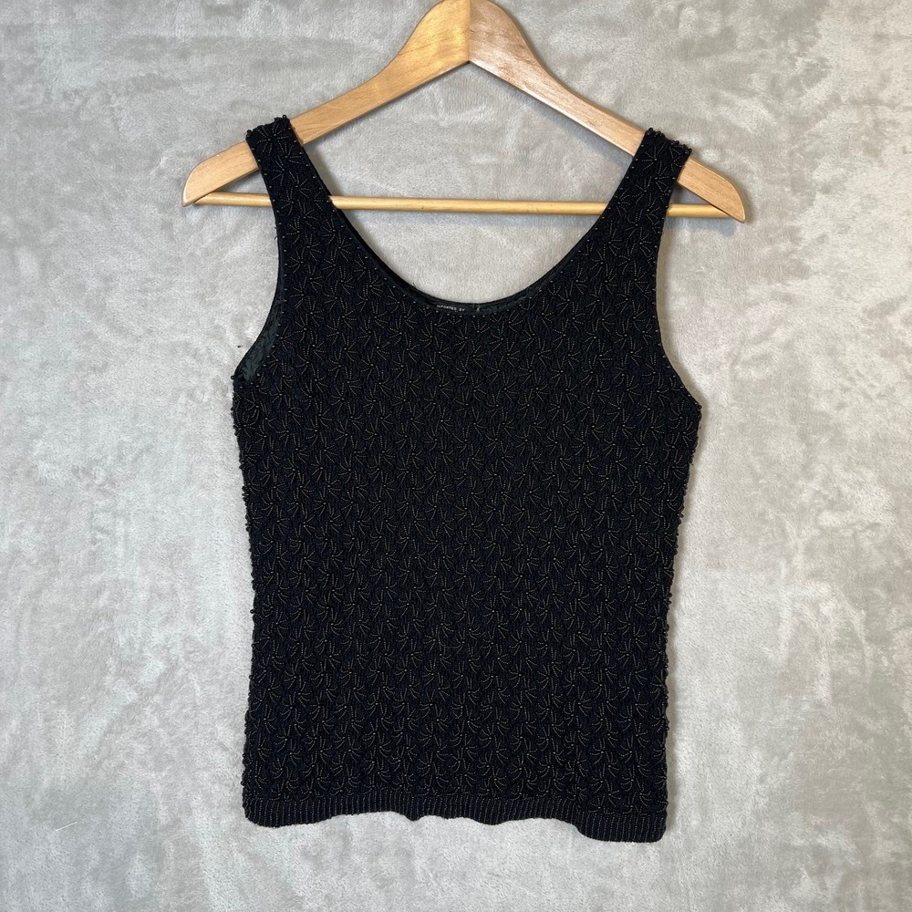 Vintage Cyn Les Black Beaded Wool Sweater Tank Top British Hong Kong Sz 34 (XS)